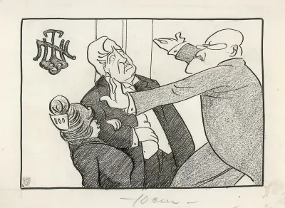 Karikatur av Halfdan Christensen, Johan Fahlstrøm og Alma Fosse (gift Fahlstrøm)