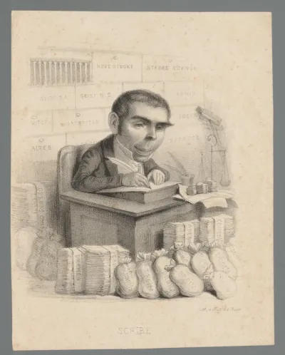 Karikaturaal portret van Eugène Scribe aan een schrijftafel