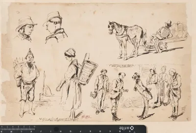 Karikaturale figuurscènes en een paard en wagen