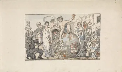 Karikaturen rond een werelbol