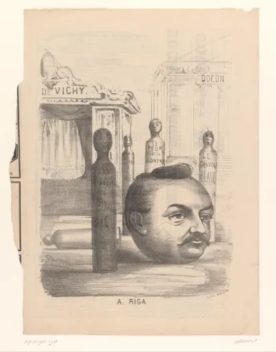 Karikatuur van A. Riga bij het theater van Vichy