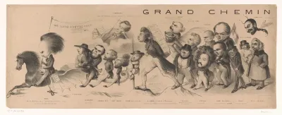 Karikatuur van een groep Franse schrijvers, aangevoerd door Victor Hugo