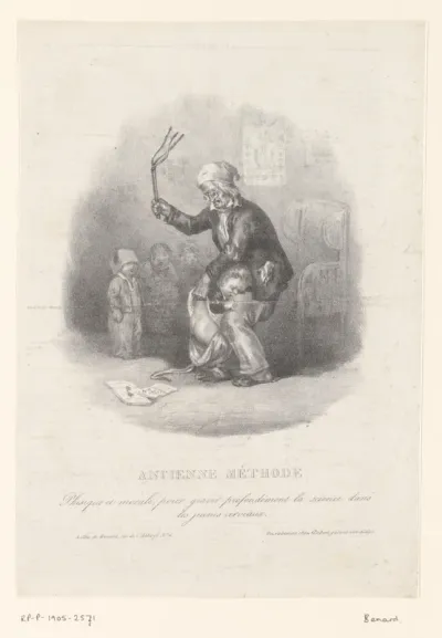 Karikatuur van een leraar die een jonge leerling slaat met de roede