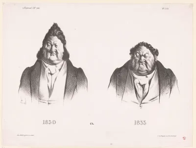 Karikatuur van koning Lodewijk Filips I van Frankrijk in 1830 en 1833