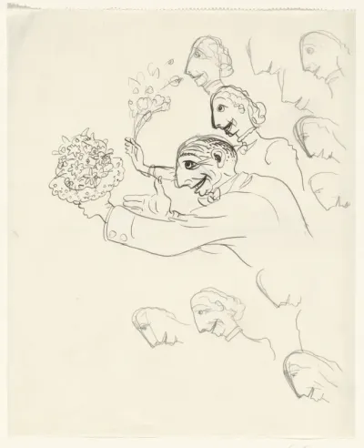 Karikatuur van Leo Gestel en zijn vrouw met bloemen in de hand