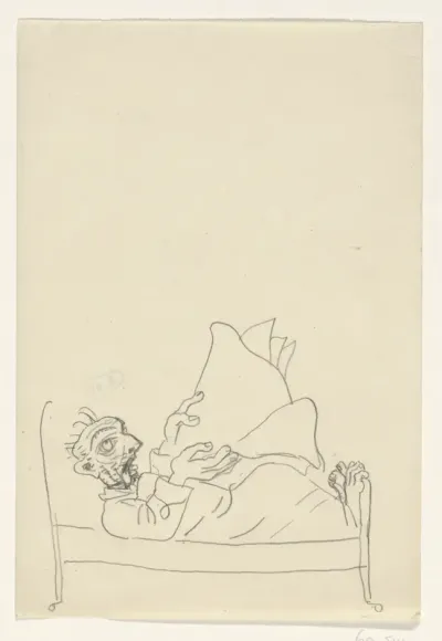 Karikatuur van Leo Gestel op zijn ziekbed