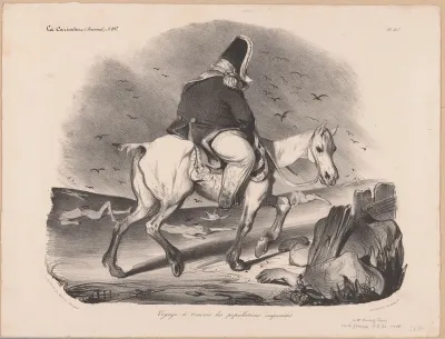 Karikatuur van Lodewijk Filips I, koning van Frankrijk te paard tussen de lijken