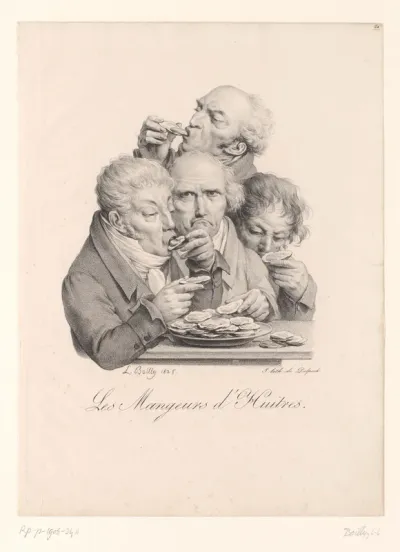 Karikatuur van vier mannen die oesters eten