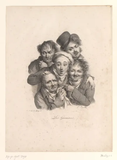 Karikatuur van vijf koppen met verschillende emoties