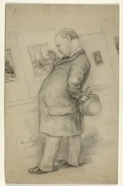 Karikatuurportret van Antonie Cornelis Loffelt (1841-1906), een tentoonstelling van tekeningen beschouwende
