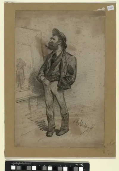 Karikatuurportret van de kunstschilder Elchanon Verveer (1826-1900), een van zijn schilderijen met een Schevenings onderwerp beschouwend