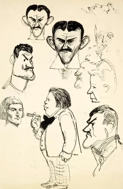 Karikatyyrit taiteilija Eric Ehrströmistä, Axel Gallenista (2 grafiikanlehteä), Louis Sparresta (2 grafiikanlehteä), Eliel Saarisesta ym.
