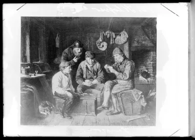 Karl Emanuel Jansson: "Ahvenanmaalaisia miehiä pelaamassa korttia kajuutassa (Ristiässä)" vuodelta 1871