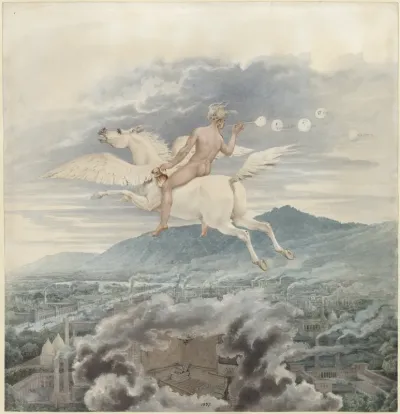 Karl Friedrich Schinkel   Female Figure Blowing Bubbles, as Allegory of Christian Peter Wilhelm Beuth, Riding Pegasus Over an Industrial City
