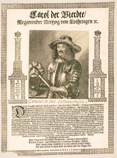 Karl IV, hertug af Lothringen. Flyveblad om den franske invasion af Lothringen 1670 (Carol der Vierdte ...)