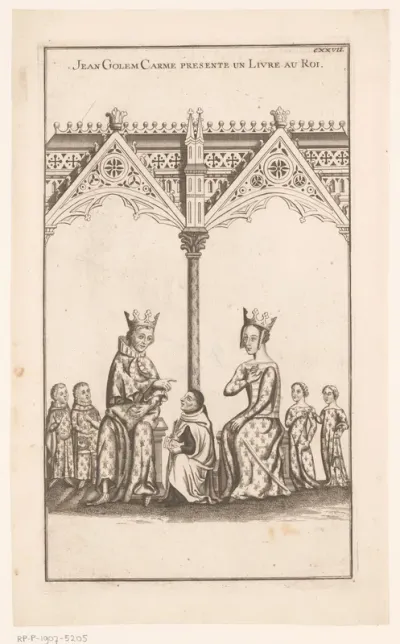 Karmeliet presenteert een boek aan koning Karel V