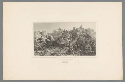 Karren met gewonden rijden weg terwijl de Fransen en Arabieren vechten, 24 november 1836