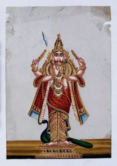 Kartikeya, also called Murugan, Hindu god of war, standing in front of a peacock and holding a spear