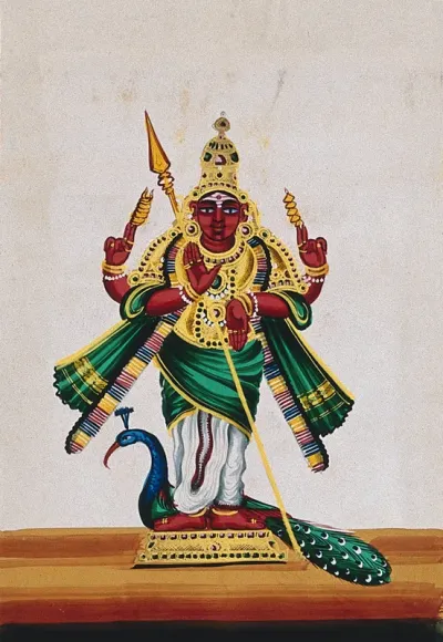 Kartikeya, also called Murugan, Hindu god of war, standing in front of a peacock