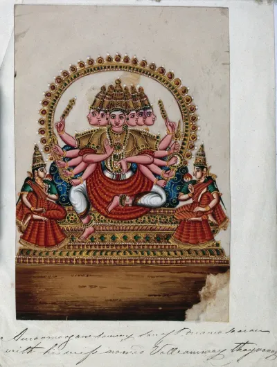 Kartikeya, also called Murugan, Hindu god of war, surrounded by a circle of peacock feathers, accompanied by his wives Valli and Devasena