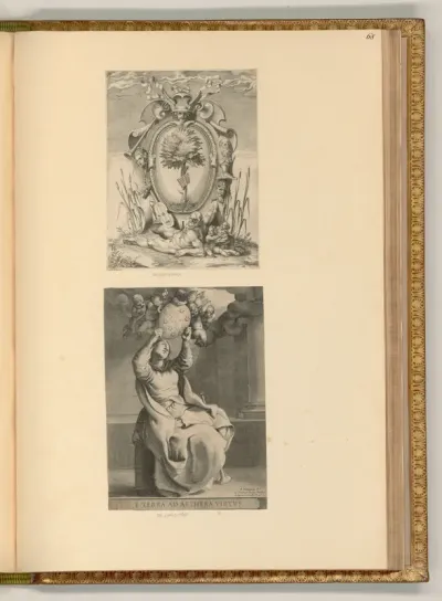 Kartusche allegorischen Beiwerk, Personifikation des Flusses Tiber; Personifikation mit Fanfare und dem Wappen Papst Clemens VIII. (Aldobrandini)