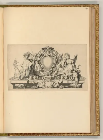Kartusche mit allegorischen Beiwerk und einem Kardinalshut