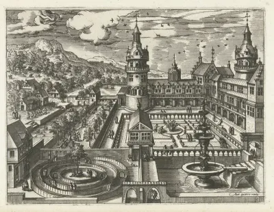 Kasteel met doolhof en fontein