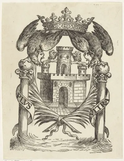 Kasteel met twee leeuwen in een omlijsting van twee lauwertakken, twee vogels en een kroon
