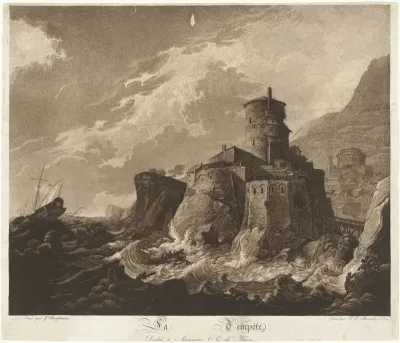 Kasteel op rotskust en schepen in storm op zee