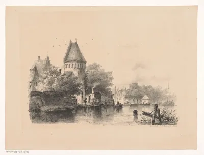 Kasteeltoren en huizen aan het water