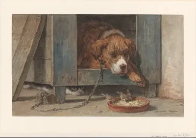 Kat bespiedt vogels bij een slapende hond