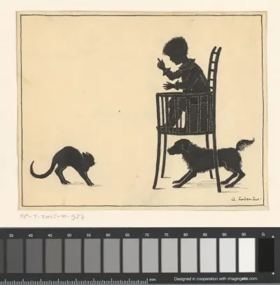 Kat en hond rond een kinderstoel