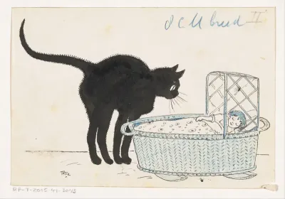 Kat kijkt in een poppenmand