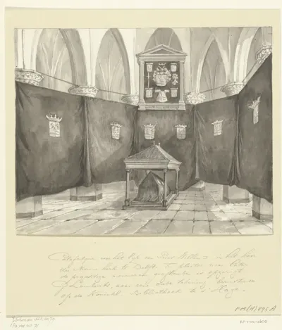 Katafalk voor het lijk van Willem I, prins van Oranje, in de Nieuwe Kerk te Delft, 1584