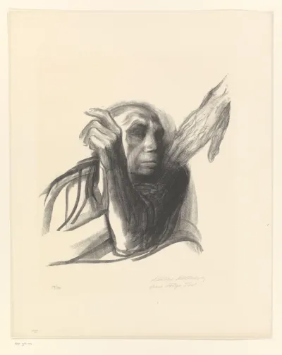 Käthe Kollwitz als oude vrouw met hand op de schouder