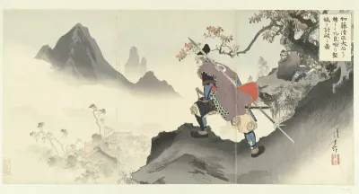 Kato Kiyomasa het paleis van Orankai vernietigend en innemend door een rotsblok naar beneden te rollen.