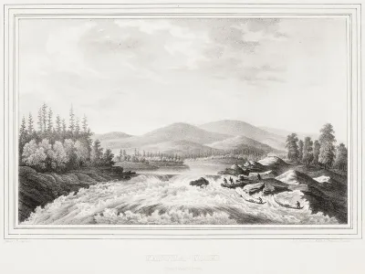Kattilakoski Rapids by the Arctic Circle, illustration for Finland Depicted in Drawings, booklets XXII and XXIII