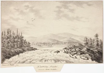 Kattilakoski Rapids by the Arctic Circle, original drawing for Finland Depicted in Drawings