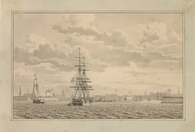 København set fra Yderhavnen med en Brig til ankers og en sejlende slup.