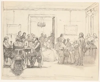 Københavnsk selskabsscene, t.v. kortspillere, t.h. musiceres der