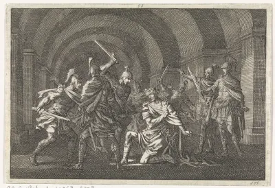 Keizer Caligula in een gewelf door een gewapende bende overvallen en vermoord