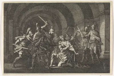 Keizer Caligula in een gewelf door een gewapende bende overvallen en vermoord