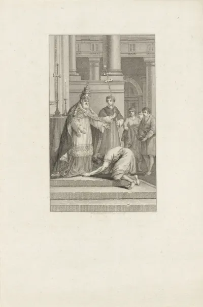 Keizer Frederik I Barbarossa kust de voeten van paus Alexander III