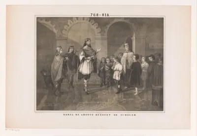 Keizer Karel de Grote bezoekt een school