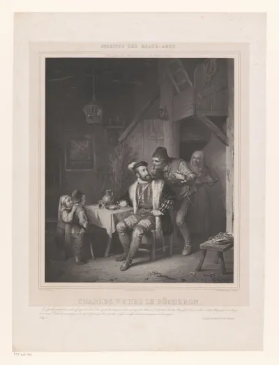 Keizer Karel V bij een houthakker aan tafel