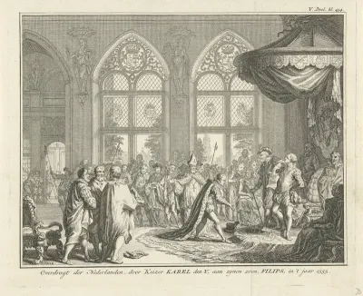 Keizer Karel V draagt het bestuur van de Nederlanden over aan zijn zoon Filips II, 1555