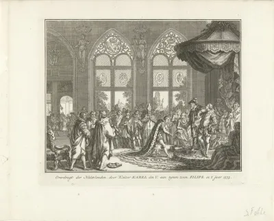 Keizer Karel V draagt het bestuur van de Nederlanden over aan zijn zoon Filips II, 1555