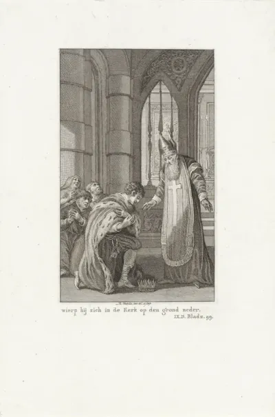Keizer Theodosius I werpt zich op zijn knieën voor Ambrosius