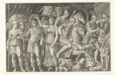 Keizer Trajanus gekroond door Victoria staat naast vrouwelijke personificatie van Rome en Romeinen in gevecht met Daciërs