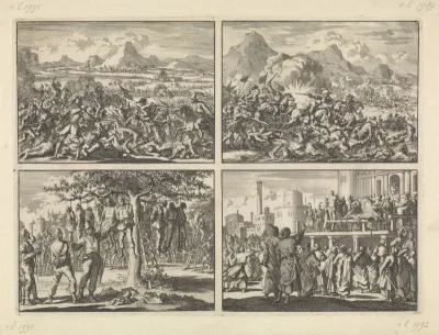 Keizerlijke leger door de Fransen verslagen bij Mázia in Valtellina en in de Adige gejaagd, 1635 / Pappenheim verslaat de opgestane boeren in Oostenrijk nabij Linz aan de Donau, 1626 / Gevangen genomen boeren bij Hasingen door de Zweden in een boom g